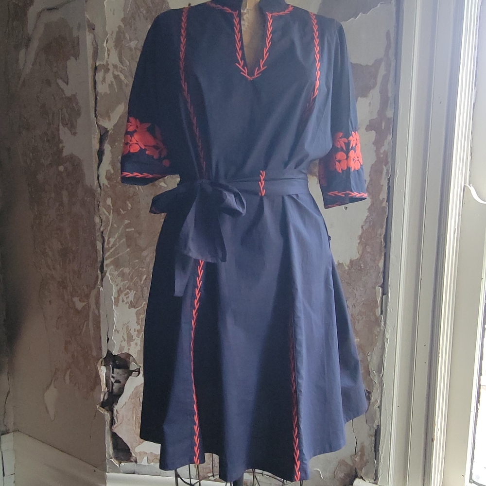 For Cynthia Navy Dress with Red Embroidery